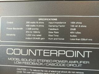 COUNTERPOINT SOLID 2 Audio Power Amplifier Class A Solid State 400 wpc 6