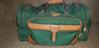 L.  L.  Bean Vintage Carry - On Bag Green Leather Corners,  Handle,  Strap Pad,  Luggage