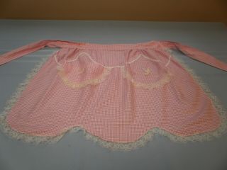 Vintage Half Apron Pink And White Checkered With Lace Trm/rick Rack Hand Crafted