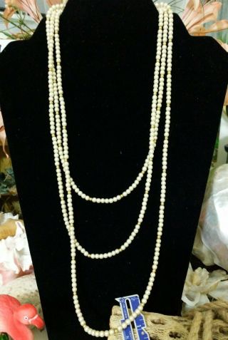 Vintage Very Long 68 " Flapper Style String Strung White And Gold Beaded Necklace