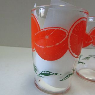 5 Vintage Orange Juice Glasses Clear With Oranges And Green Leaves 3 1/8 " Tall