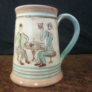 Vintage Denby Glyn College Signed Handpainted Cafe Scene Stoneware Tankard / Mug