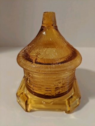 Vintage Glass Bee Hive Honey Pot Covered Jar Amber Color