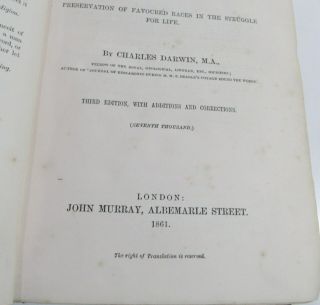 CHARLES DARWIN ORIGIN OF SPECIES/1861/3rd Ed.  with ADDITIONS & CORRECTIONS $10K, 11