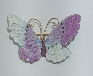 Vintage Yellow Gold Plated Purple & White Enamel Butterfly Pin Brooch