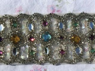 Vintage Multicolor Rhinestone Beads & Sequins Dress Trim 3.  3 Yards Hand Sewn