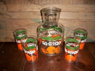 Vintage Orange Juice Glass Set W/ Carafe (no Lid) & 4 Matching Glasses