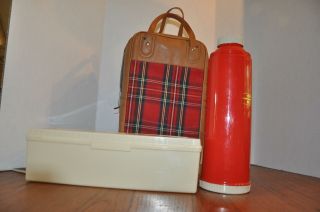 Vtg Thermos Brand Picnic Set Red Tartan Bag Sandwich Box Thermos