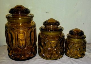 Vintage Set Of 3 L.  E.  Smith Amber Glass Canisters,  Moon And Stars