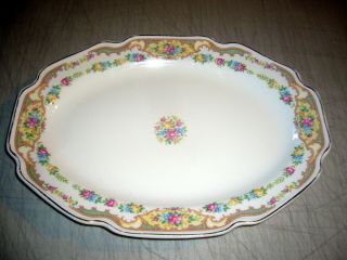 Vintage 11 1/4 " Oval Platter Scalloped Gold Trim Yellow Blue Pink Flowers