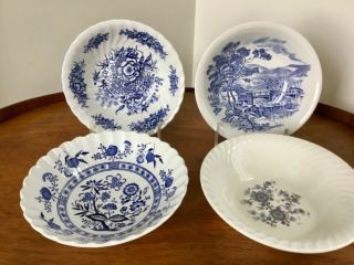 Vtg Mismatched China & Ironstone Set Of 4 Soup / Cereal Bowls Blue & White
