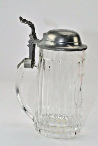 Vintage 1924 German Beer Stein Pewter Lid Clear Ripple Glass Lidded Mug 8 Inches