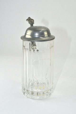 Vintage 1924 German Beer Stein Pewter Lid Clear Ripple Glass Lidded Mug 8 inches 2