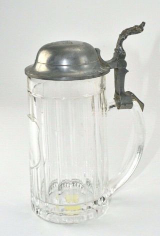 Vintage 1924 German Beer Stein Pewter Lid Clear Ripple Glass Lidded Mug 8 inches 3