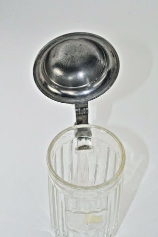 Vintage 1924 German Beer Stein Pewter Lid Clear Ripple Glass Lidded Mug 8 inches 4