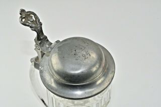 Vintage 1924 German Beer Stein Pewter Lid Clear Ripple Glass Lidded Mug 8 inches 5