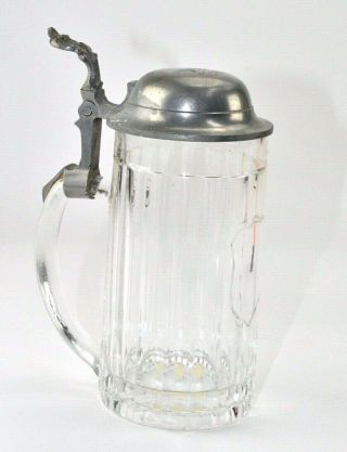 Vintage 1924 German Beer Stein Pewter Lid Clear Ripple Glass Lidded Mug 8 inches 6