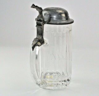 Vintage 1924 German Beer Stein Pewter Lid Clear Ripple Glass Lidded Mug 8 inches 8