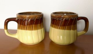 Mid Century Modern Mcm Vintage Set Of 2 Yellow Brown Tone Ribbed Coffee Mugs