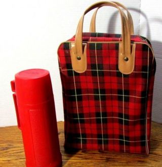 Vintage Red Plaid Lunch Picnic Bag And Red Plastic Thermos Zipper Is Broken