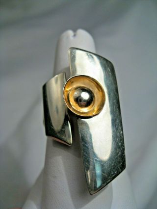 Vintage Sterling Silver & 14k Gold Modernist Ring.  56