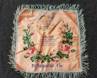 Vintage Satin Souvenir Pillow Cover Case St.  Augustine Florida Painted Roses