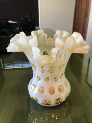 Vintage Fenton Art Glass Topaz Yellow Honeysuckle Opalescent 6” Coin Dot Vase