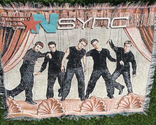 Vintage 90s Nsync Woven Tapestry Fringe Blanket Throw No Snagged 60x42 "