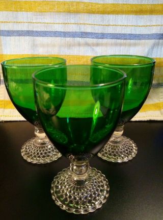 3 Vtg Anchor Hocking Forest Green Glass Clear Bubble Hobnail Stem Water Goblets