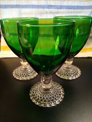 3 VTG Anchor Hocking Forest Green Glass Clear Bubble Hobnail Stem Water Goblets 2
