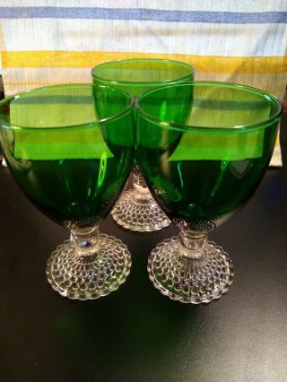 3 VTG Anchor Hocking Forest Green Glass Clear Bubble Hobnail Stem Water Goblets 3