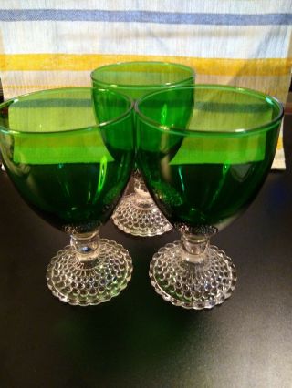 3 VTG Anchor Hocking Forest Green Glass Clear Bubble Hobnail Stem Water Goblets 4
