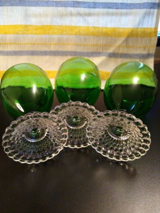 3 VTG Anchor Hocking Forest Green Glass Clear Bubble Hobnail Stem Water Goblets 5