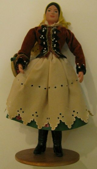 Vintage 8 " H Polish Krakow Standing Doll In Native Costume,  Basket,  On Stand