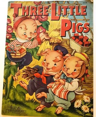 Vintage 1942 Three Little Pigs Childrens Cloth Book Merrill Pub 3434 Chicago Il