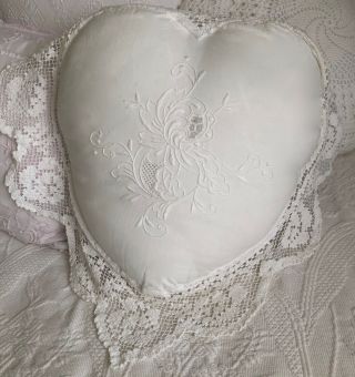 Vintage Shabby Cottage Chic Embroidered/ Laced Heart Shape Pillow White