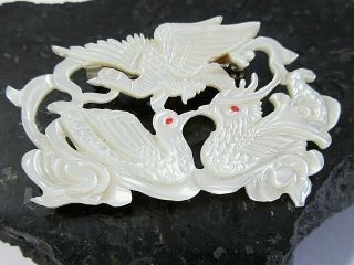 Three Birds Ducks Carved Mother Of Pearl Pin Vintage Carved Brooch Asian