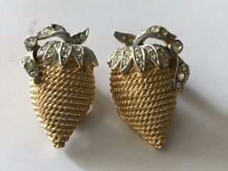 2 Vintage Signed Coro Gold Tone Strawberries With Rhinestone Tops Lapel Clips