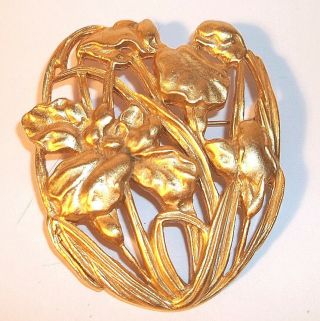 Vintage Art Nouveau Style Flower & Leaf Brooch/ Pin - Gold Finish