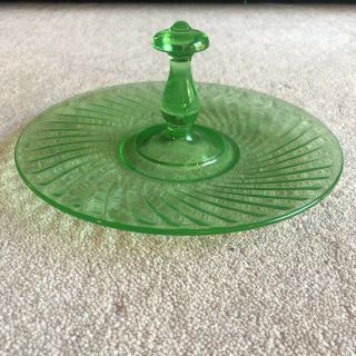 Green Depression Glass Candy/ Tidbit Dish With Handle Vintage