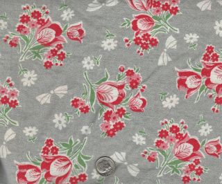 Vintage Feedsack Fabric Pink,  Red Tulip,  Bows On Gray,  Quilt,  Sewing,