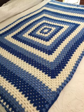 Vintage Handmade Crocheted Afghan Blue & White Throw 96” X 64”