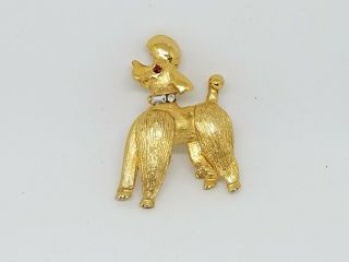 Vintage Signed Pell Gold Tone French Poodle Dog Brooch Pin Rhinestone Collar/eye