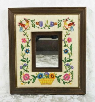 Vintage Mid Century Finished Crewel Embroidery Framed Wall Hanging Mirror