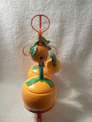Vintage Mid Century Japan Orange Condiment Set Rack Salt and Pepper Shakers MCM 4