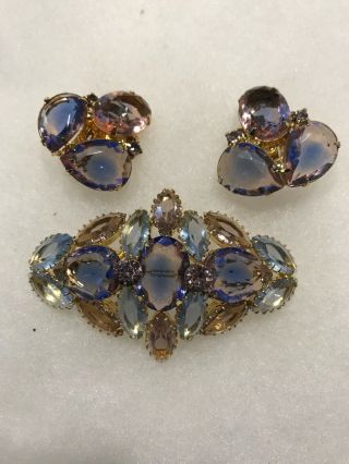 Vintage Juliana D&e Art Glass & Rhinestone Ob Pink/blue/purple Brooch Earrings