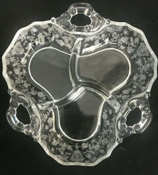 Vintage Cambridge Rose Point Etched Glass Divided Candy Relish Dish 3 Part B8