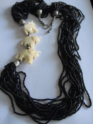 Vintage Bovine Bone Elephant Glass Beaded Necklace
