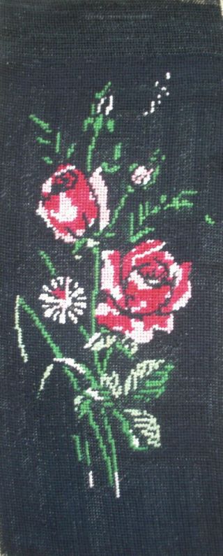 Vintage Completed Cotton Needlepoint Flowers Rose On Black 19 " X8 "