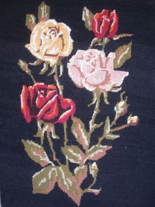 Vintage Completed Cotton Needlepoint Tapestry Roses On Black 19.  5 " X14.  7 "